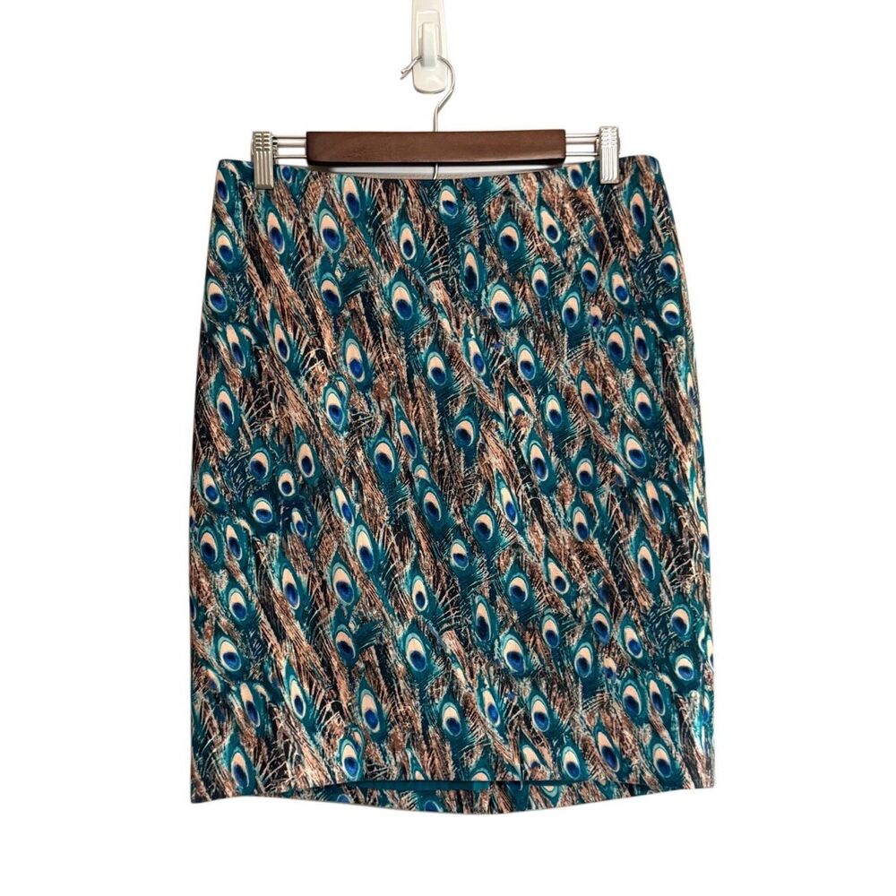 Talbots Peacock Feathers Print Pencil Skirt Stretch‎ Knit 10 Petite Office Work